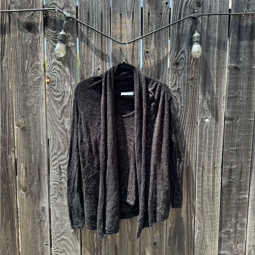 Josie Natori Black Silk Angora Sequined Scoop Tank And Drapey Cardigan set Small